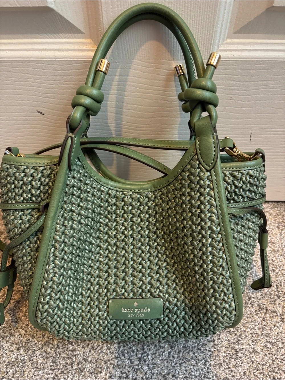 kate spade woven sage green leather-trim shoulder bag